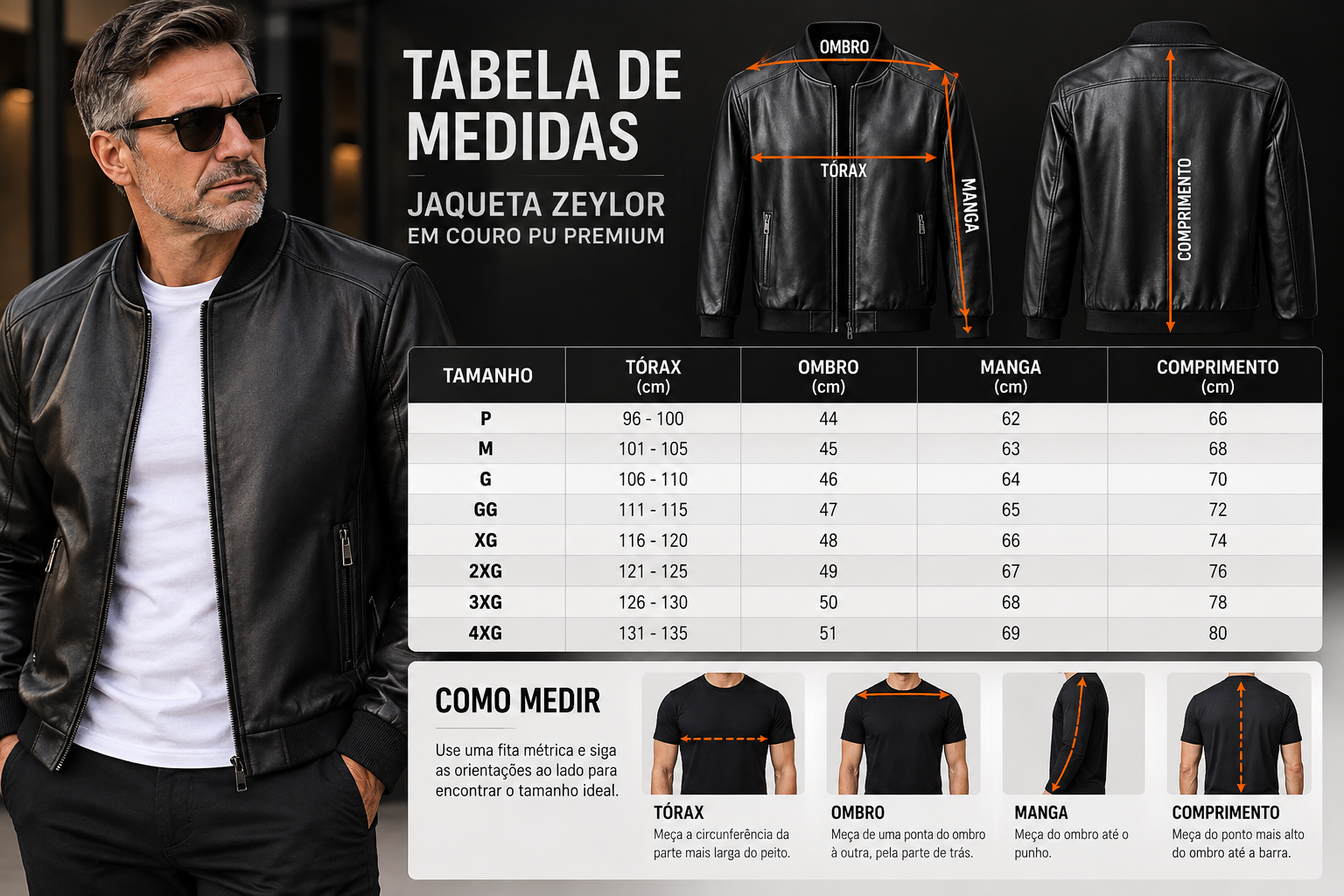 Tabela de Medidas &mdash; Jaqueta Zeylor em Couro PU Premium